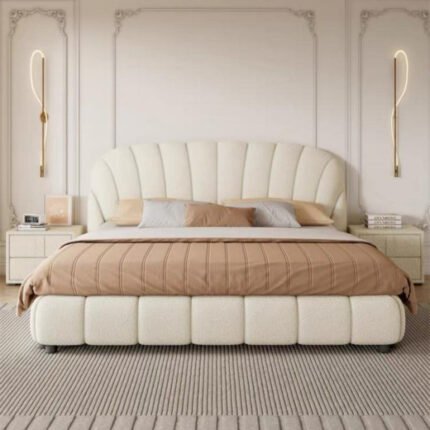 Cloud Beds Boucle Fabric Beds - Light Luxury Fleece Fabric Wrap Bed Frame for Bedroom Without Mattress Luxury Modern Custom Bed UAE Wood York